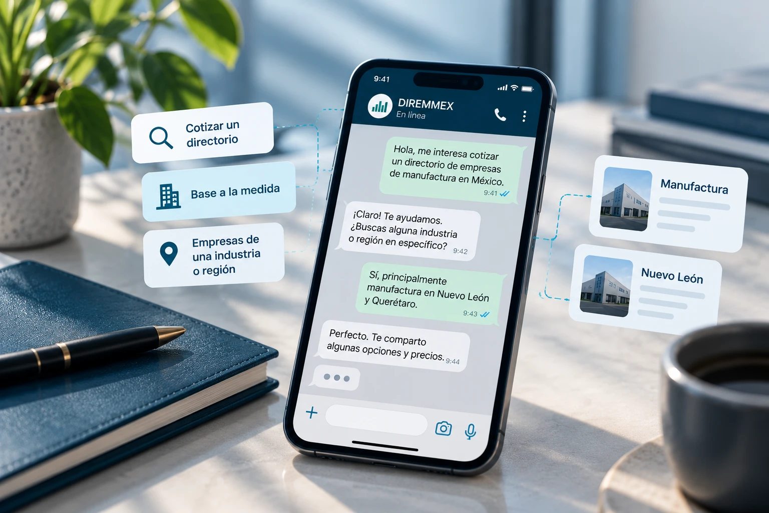 Celular con una conversación de WhatsApp para cotizar un directorio