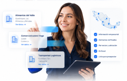 Asesora con tablet junto a fichas de empresas y un mapa de México