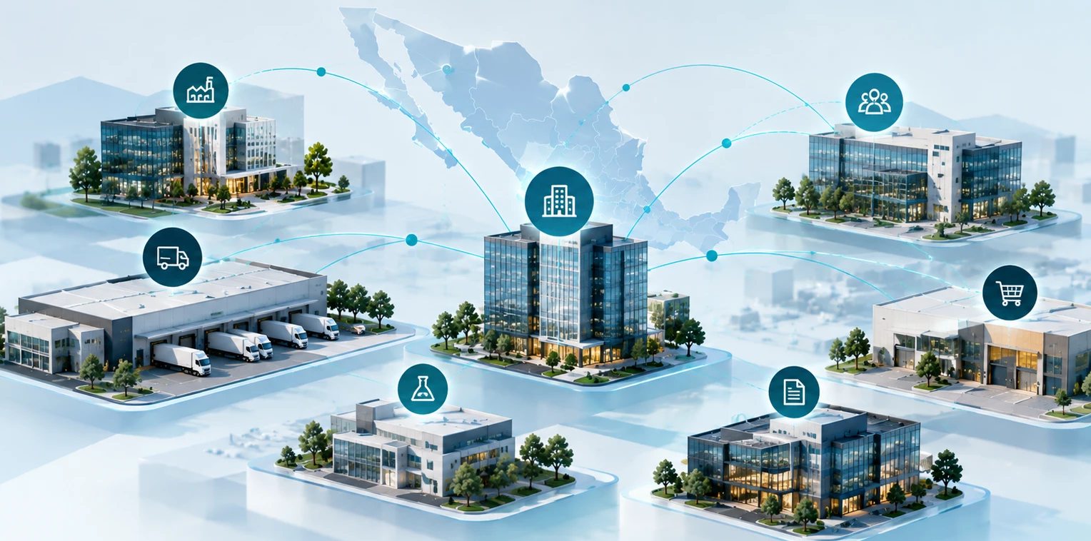Red de empresas de México conectadas entre sí sobre un mapa del país